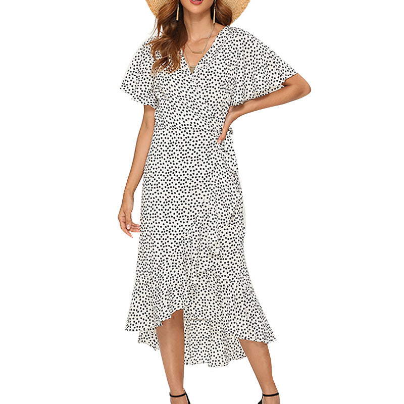 V-Neck Irregular High-Rise Lace-up Chiffon Print Skirt - Commercial Universe Boutique