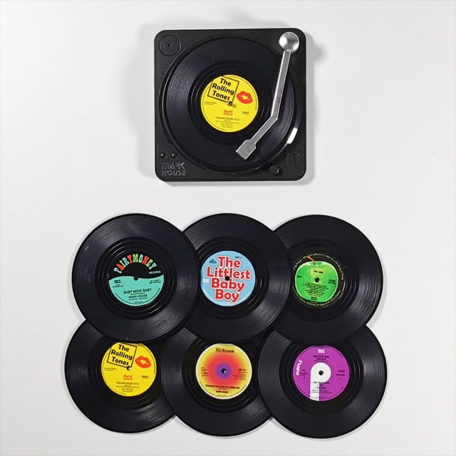6pcs Vinyl Disk Coasters With Vinyl Record Player Holder - Commercial Universe Boutique