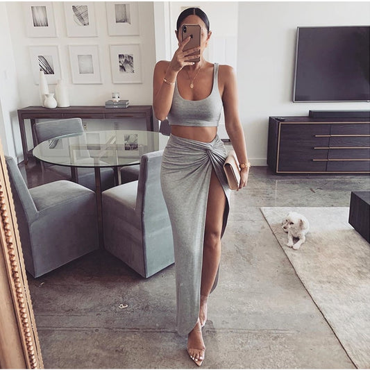 Sexy 2 Piece Set Women Crop Top Twist Side Split Long Skirts - Commercial Universe Boutique