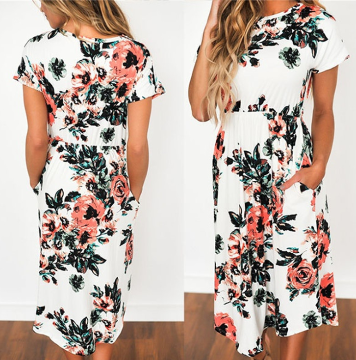 Spring and summer long-sleeved elastic waist flower print dress long skirt - Commercial Universe Boutique