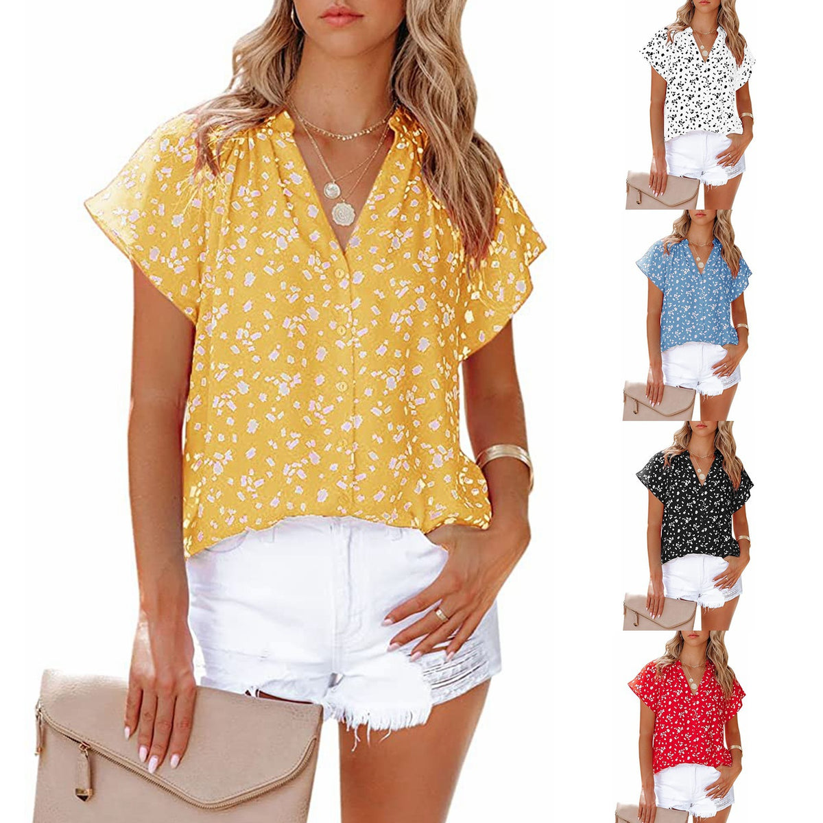 Fashionable Short Sleeve V-Neck Chiffon Print Blouse - Commercial Universe Boutique