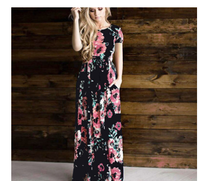 Spring and summer long-sleeved elastic waist flower print dress long skirt - Commercial Universe Boutique