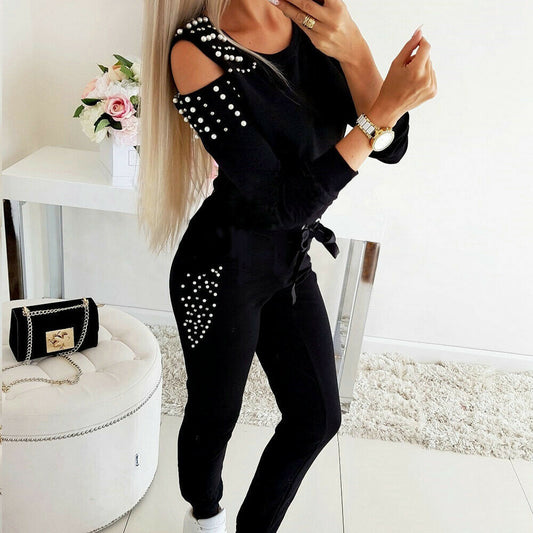 Sexy Beaded Solid Color Round Neck Long Sleeve Off-the-shoulder Sweatshirt Set