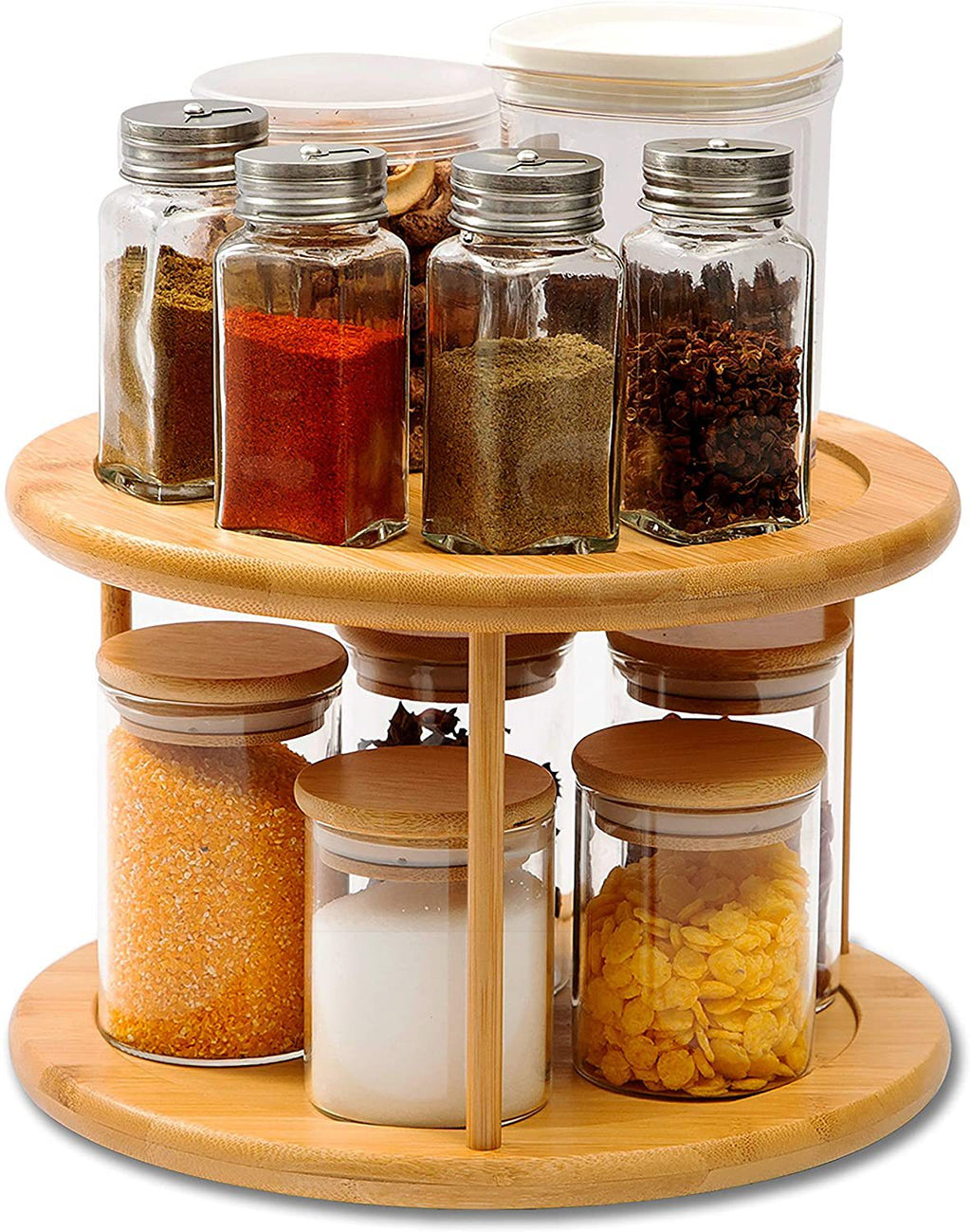 Round Bamboo Turntable Cabinet Organizer 2 Tier Spice Rack