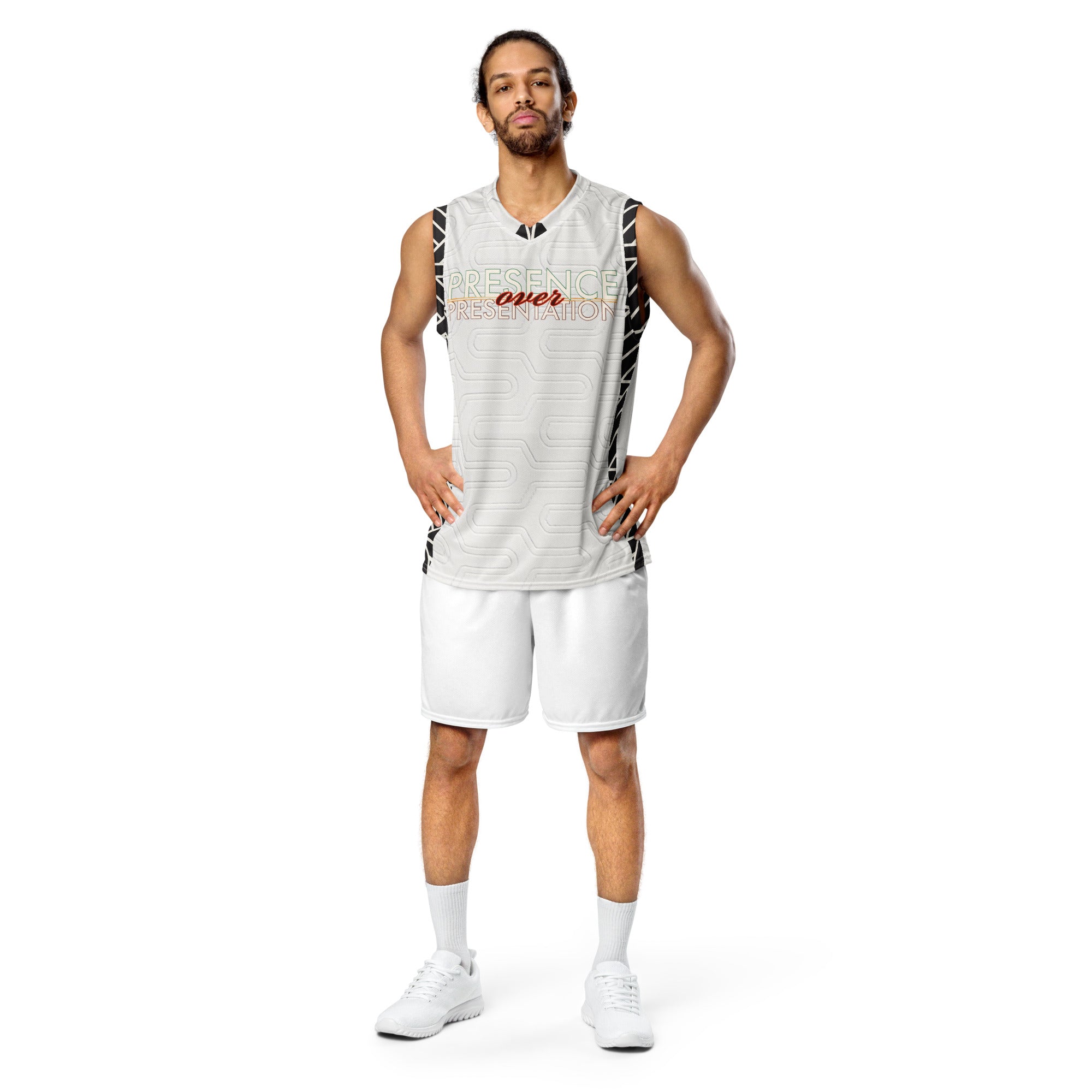 Presence over Presentation Recycled unisex basketball jersey