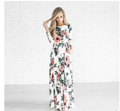 Spring and summer long-sleeved elastic waist flower print dress long skirt - Commercial Universe Boutique 