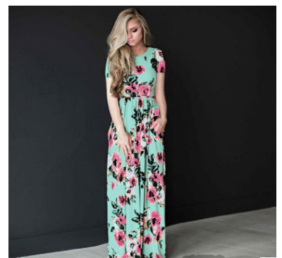 Spring and summer long-sleeved elastic waist flower print dress long skirt - Commercial Universe Boutique 