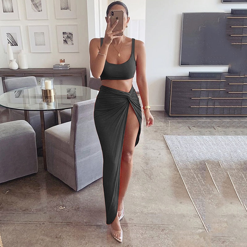 Sexy 2 Piece Set Women Crop Top Twist Side Split Long Skirts - Commercial Universe Boutique 