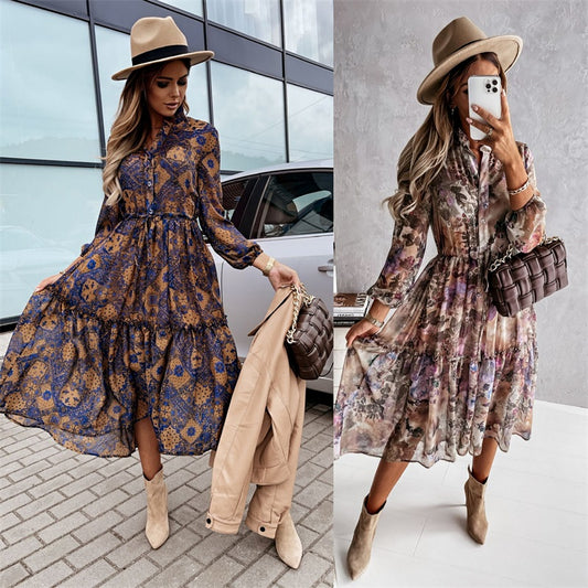 European And American New Style Printed Long-Sleeved Dress
