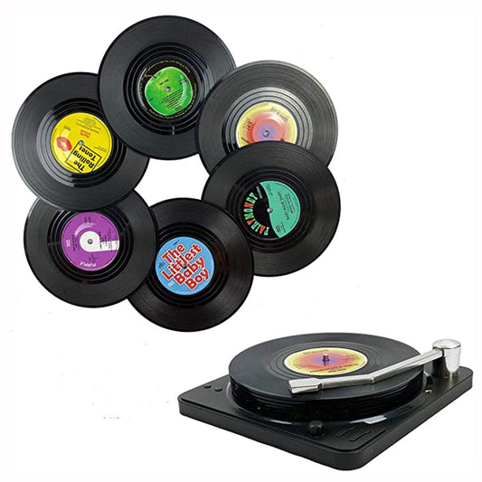 6pcs Vinyl Disk Coasters With Vinyl Record Player Holder - Commercial Universe Boutique 