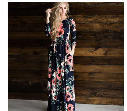 Spring and summer long-sleeved elastic waist flower print dress long skirt - Commercial Universe Boutique 