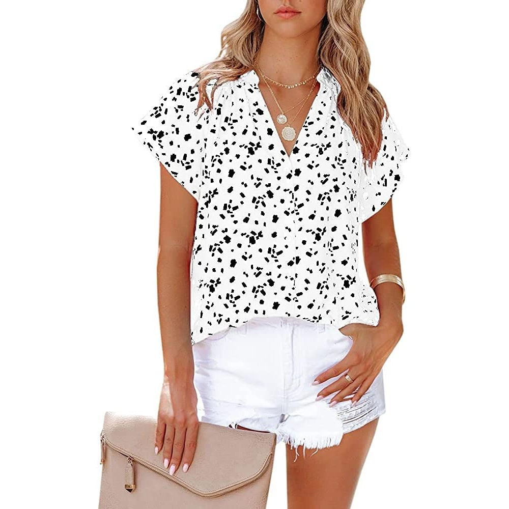 Fashionable Short Sleeve V-Neck Chiffon Print Blouse - Commercial Universe Boutique 