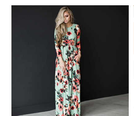 Spring and summer long-sleeved elastic waist flower print dress long skirt - Commercial Universe Boutique 