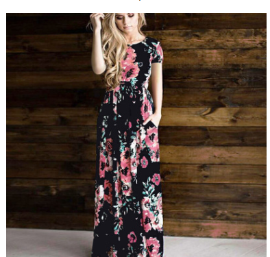 Spring and summer long-sleeved elastic waist flower print dress long skirt - Commercial Universe Boutique 