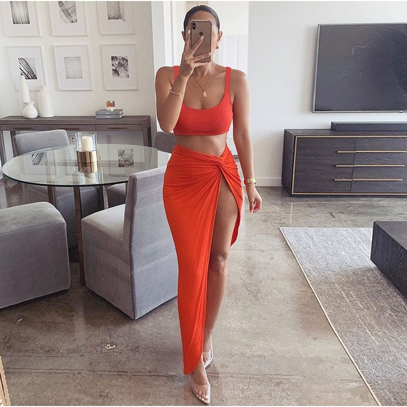 Sexy 2 Piece Set Women Crop Top Twist Side Split Long Skirts - Commercial Universe Boutique 