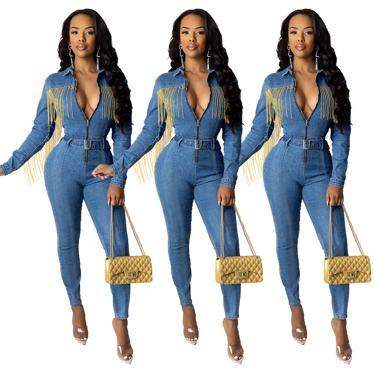 Fringed denim jumpsuit