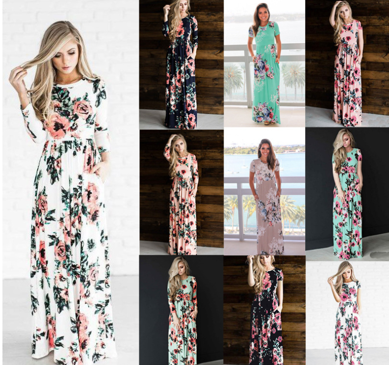 Spring and summer long-sleeved elastic waist flower print dress long skirt - Commercial Universe Boutique 