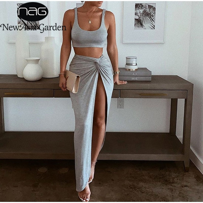 Sexy 2 Piece Set Women Crop Top Twist Side Split Long Skirts - Commercial Universe Boutique 