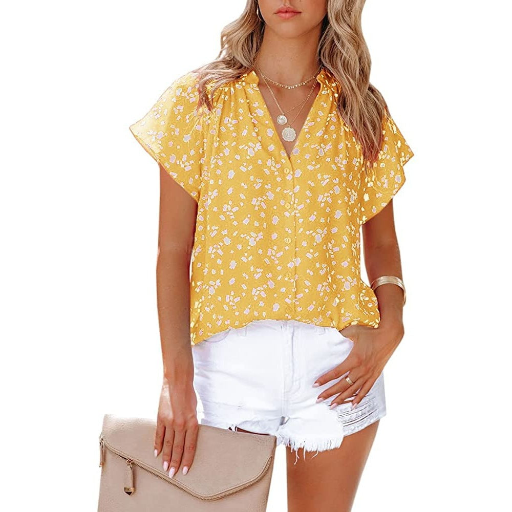 Fashionable Short Sleeve V-Neck Chiffon Print Blouse - Commercial Universe Boutique 