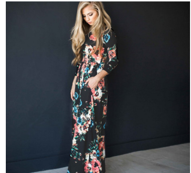 Spring and summer long-sleeved elastic waist flower print dress long skirt - Commercial Universe Boutique 