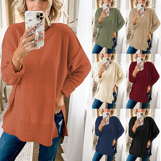 Long Sleeve Side Slit Loose Wool Knit Pullover Blouse Women's Clothing