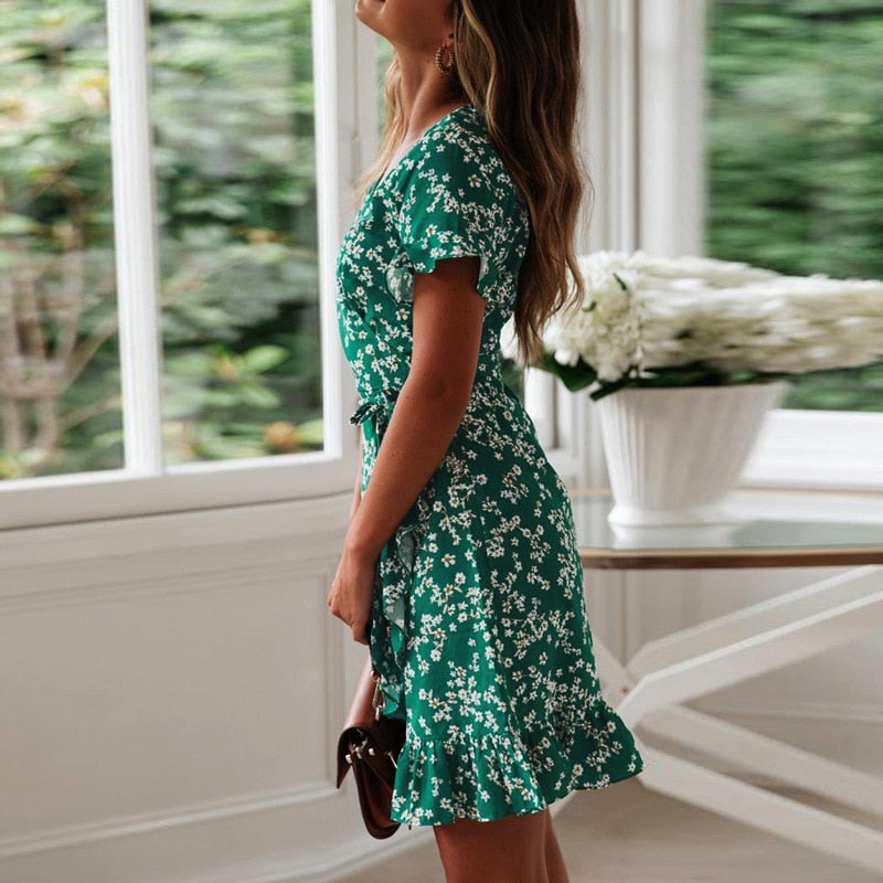 V Neck Floral Print Boho Beach Dress - Commercial Universe Boutique 