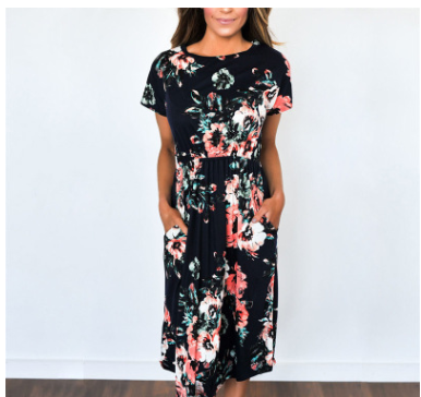 Spring and summer long-sleeved elastic waist flower print dress long skirt - Commercial Universe Boutique 