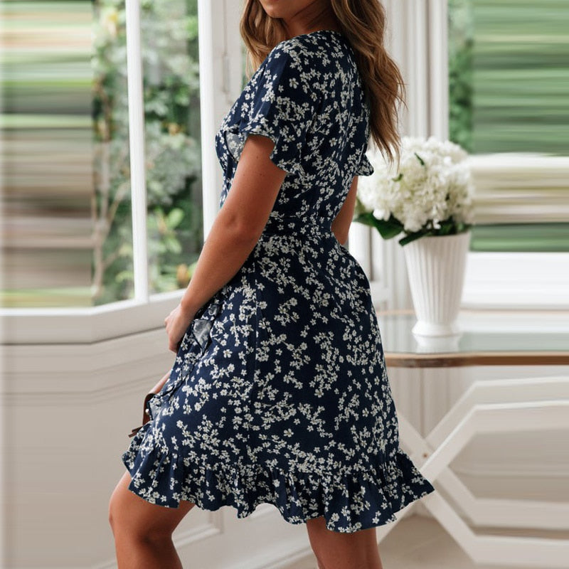 V Neck Floral Print Boho Beach Dress - Commercial Universe Boutique 