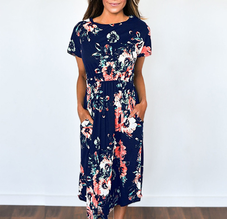 Spring and summer long-sleeved elastic waist flower print dress long skirt - Commercial Universe Boutique 