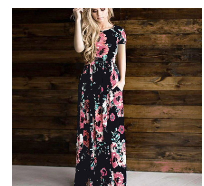 Spring and summer long-sleeved elastic waist flower print dress long skirt - Commercial Universe Boutique 