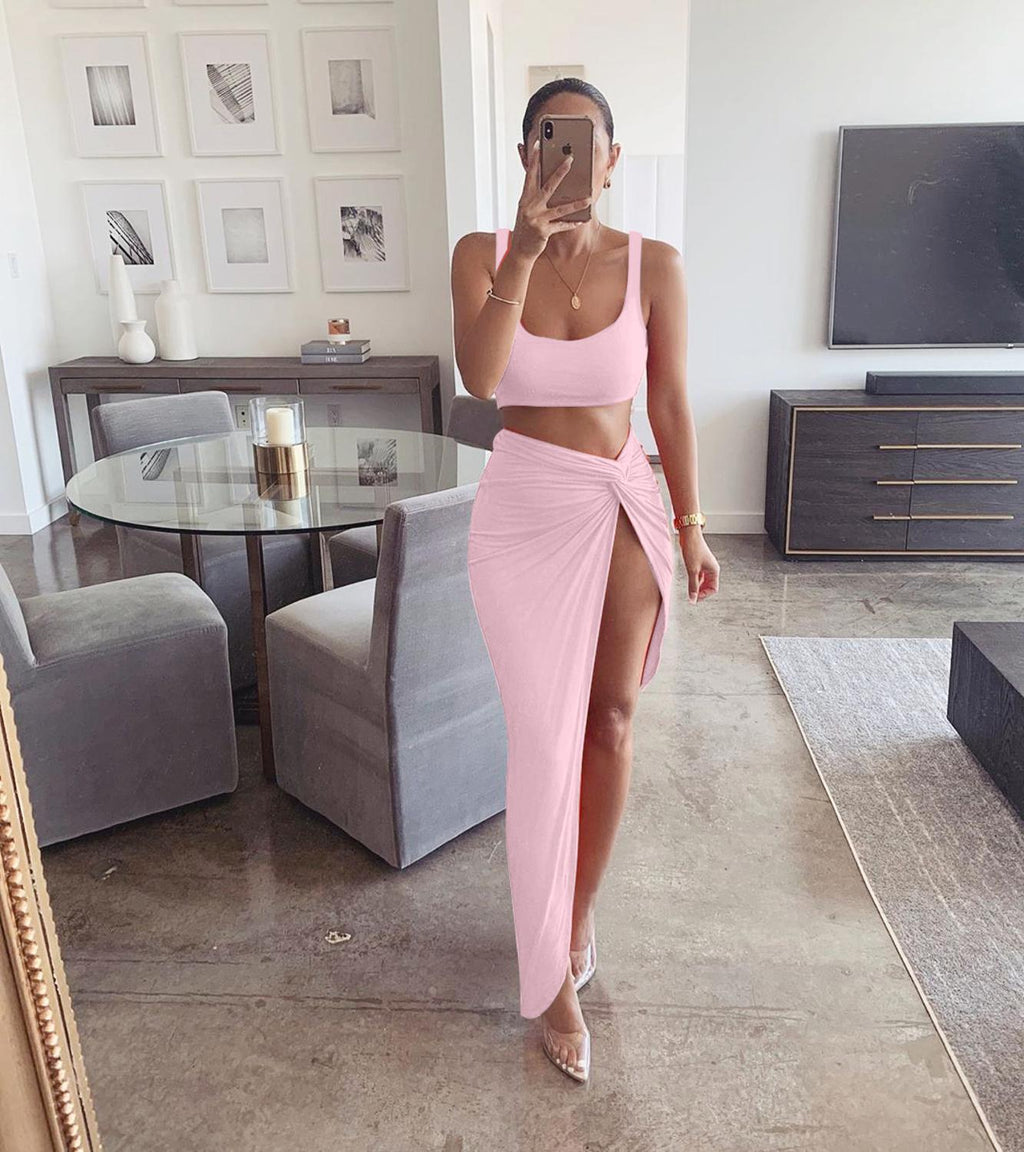 Sexy 2 Piece Set Women Crop Top Twist Side Split Long Skirts - Commercial Universe Boutique 