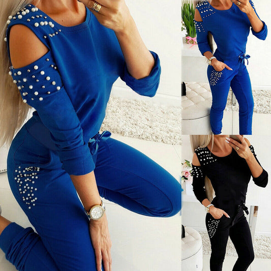 Sexy Beaded Solid Color Round Neck Long Sleeve Off-the-shoulder Sweatshirt Set