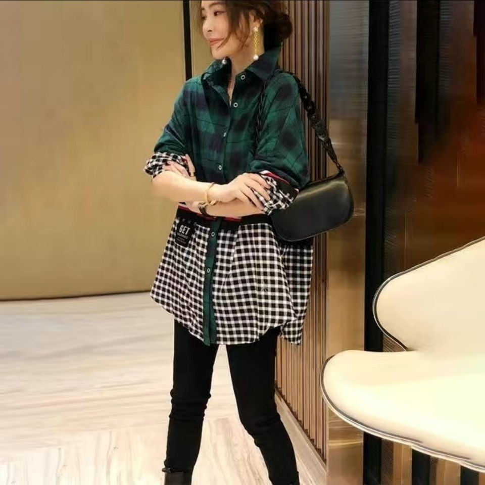 Stitching Plaid Shirt Women Fake Two-piece Tops Tide Western Style