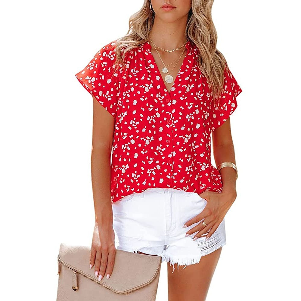 Fashionable Short Sleeve V-Neck Chiffon Print Blouse - Commercial Universe Boutique 