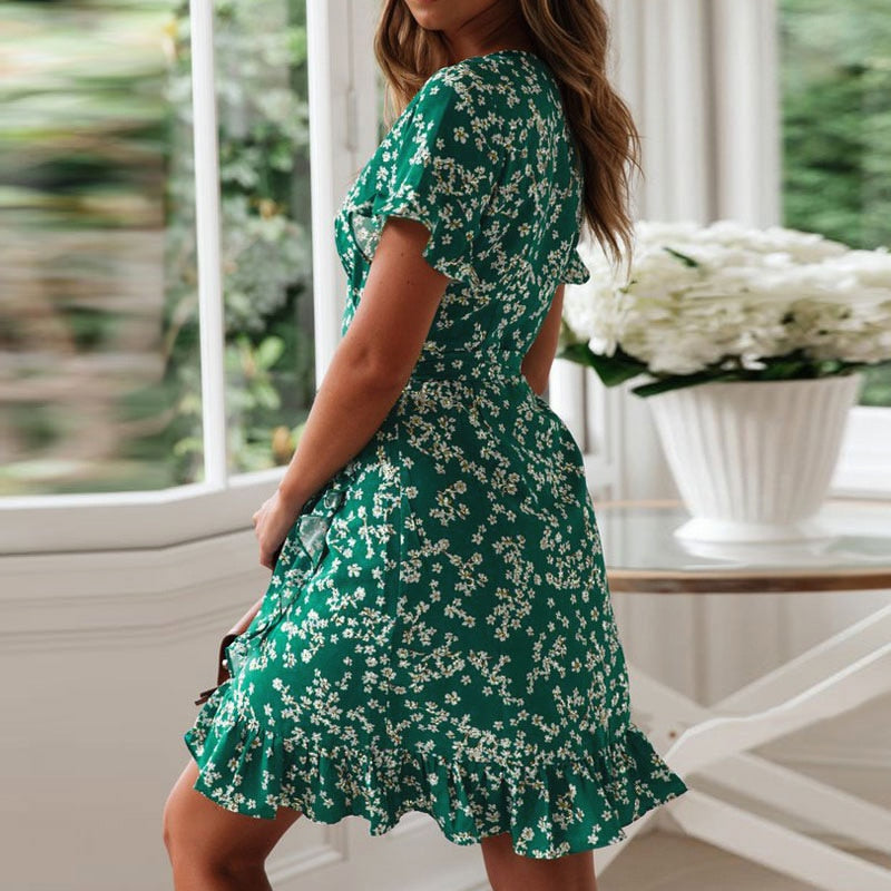 V Neck Floral Print Boho Beach Dress - Commercial Universe Boutique 