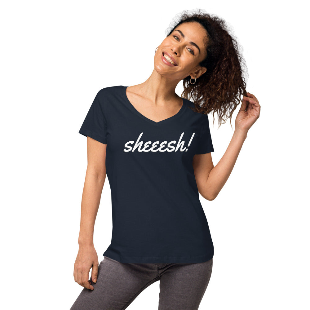 Sheeesh Women’s fitted v-neck t-shirt - Commercial Universe Boutique 