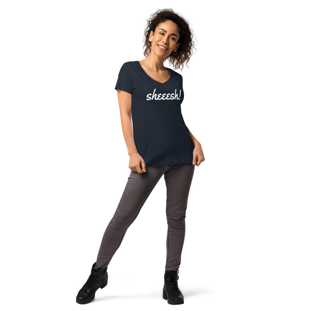 Sheeesh Women’s fitted v-neck t-shirt - Commercial Universe Boutique 