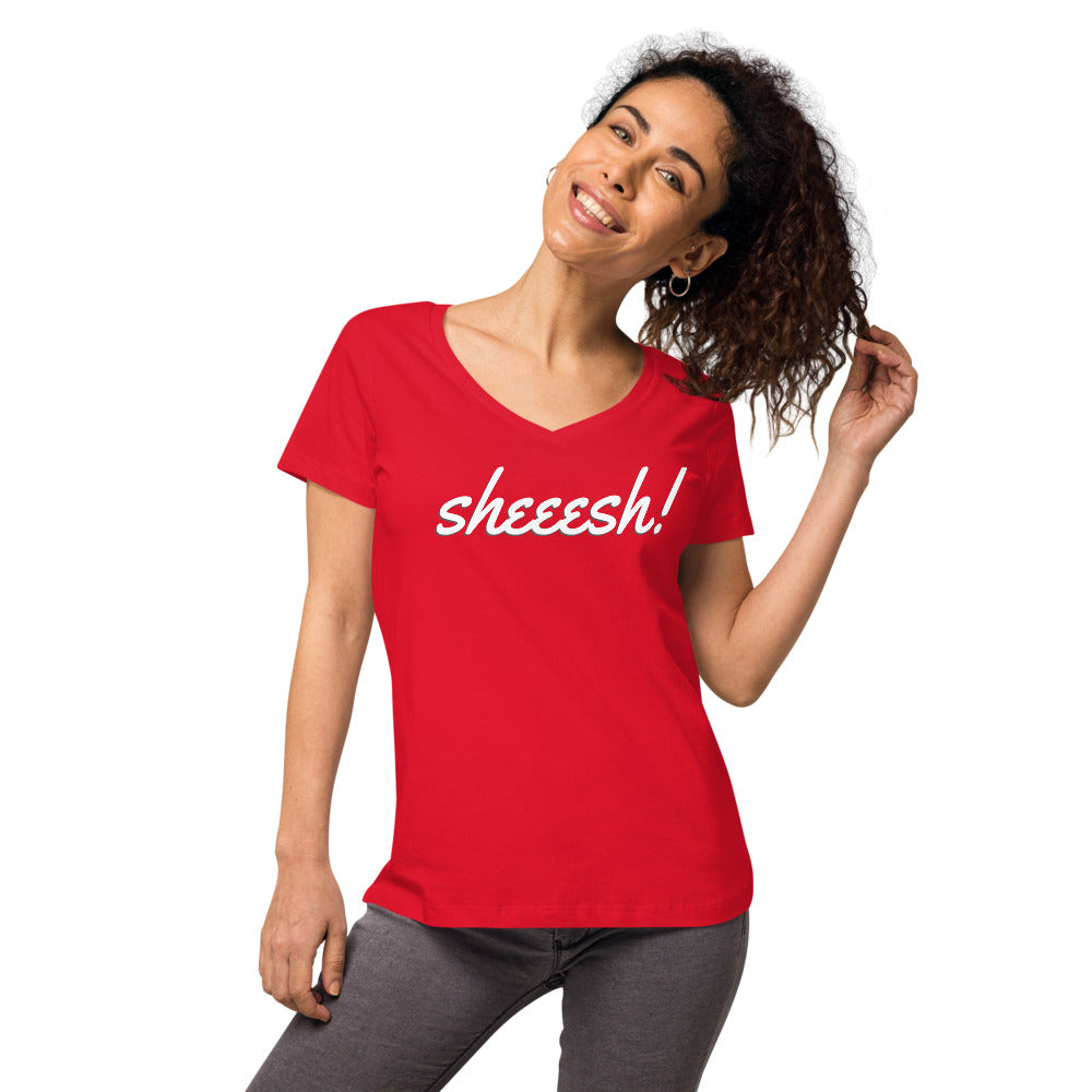 Sheeesh Women’s fitted v-neck t-shirt - Commercial Universe Boutique 